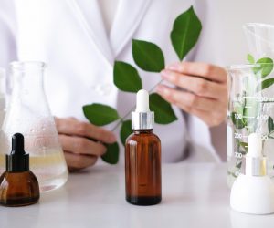 the scientist,dermatologist make the organic natural herb cosmetic product in the laboratory. beauty healthy skincare concept. herb medicine ,blank package,bottle,container.cream,serum.